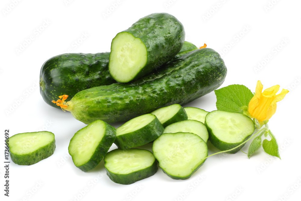 cucumber with sliced cucumber and leaf isolated on white background cucumber with sliced cucumber and leaf isolated on white background