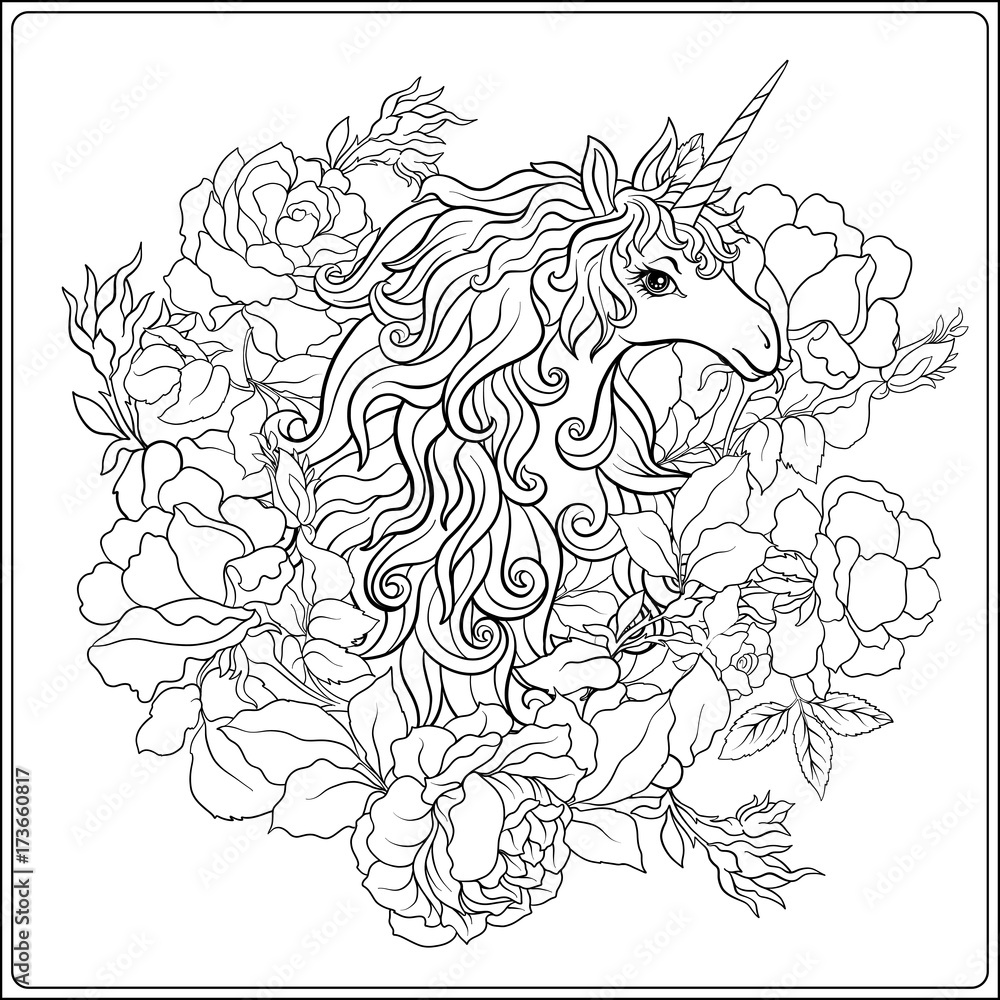 Fototapeta premium Unicorn. The composition consists of a unicorn surrounded by a b