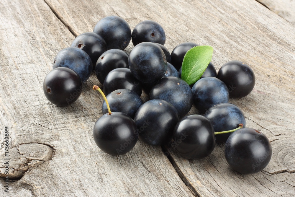 blackthorn berries with green leaf on old wooden table blackthorn berries with green leaf on old wooden table