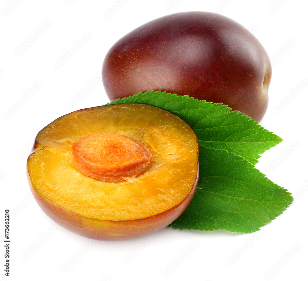 fresh plum fruit with cut plum slices isolated on white background fresh plum fruit with cut plum slices isolated on white background