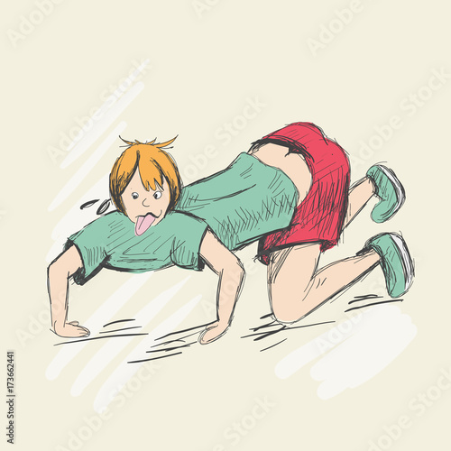 The sweaty man crawls on all fours with his tongue hanging out.