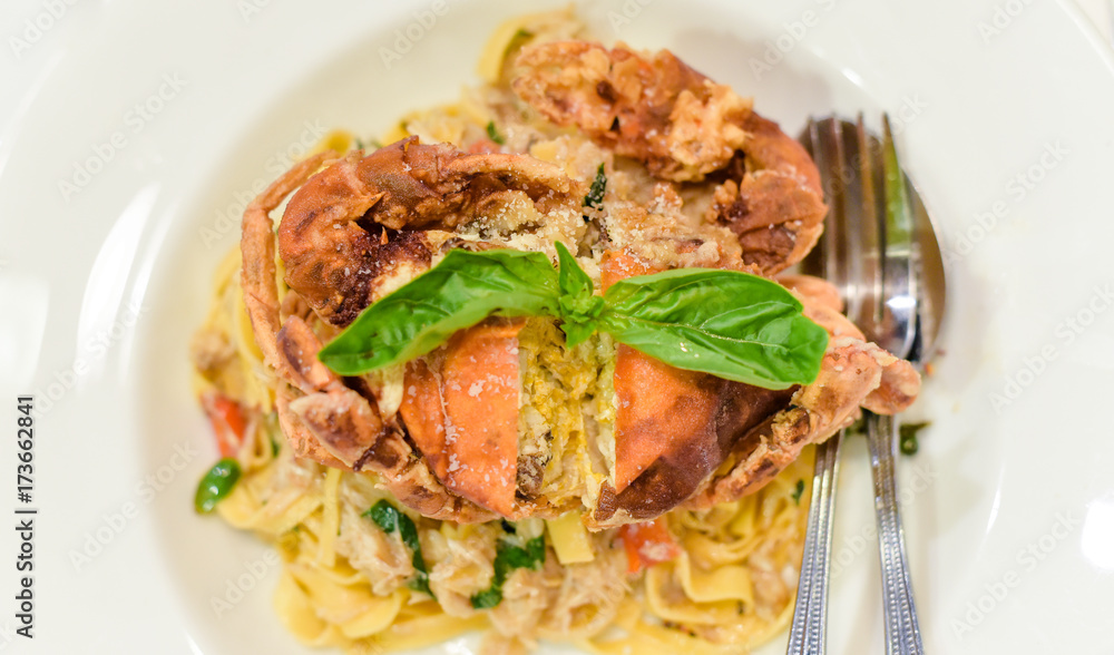 Pasta soft shell crab in black pepper, Focus inside soft crab Pasta soft shell crab in black pepper, Focus inside soft crab