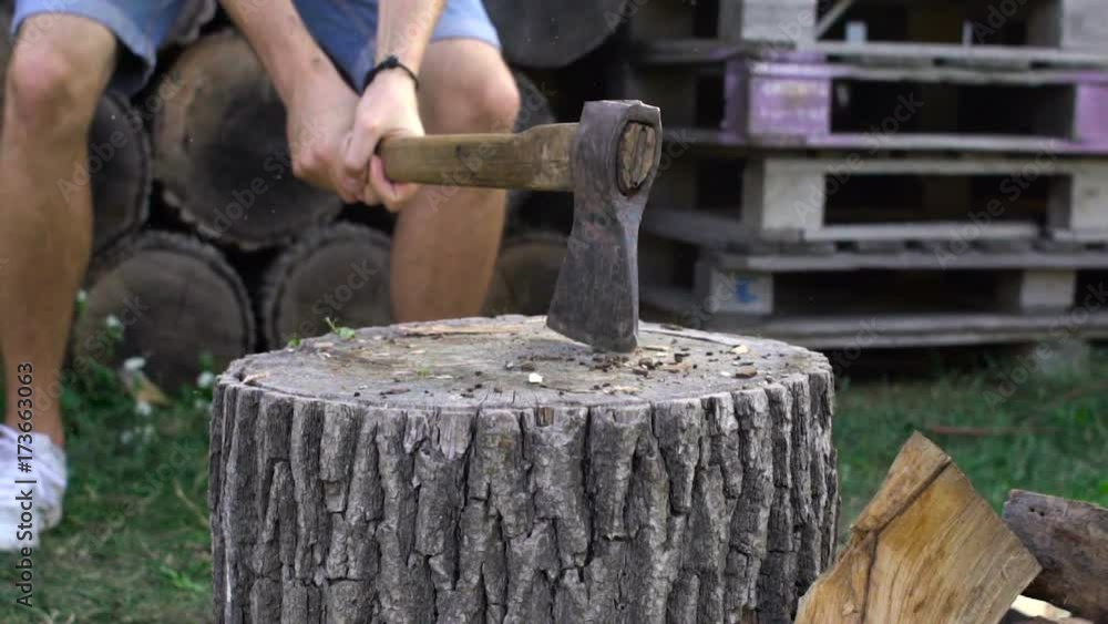 Man chopping wood with axe, slow motion shoot Man chopping wood with axe, slow motion shoot