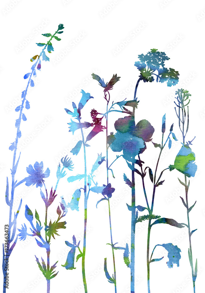 Naklejka Tło z rysunkowymi ziele i kwiatami