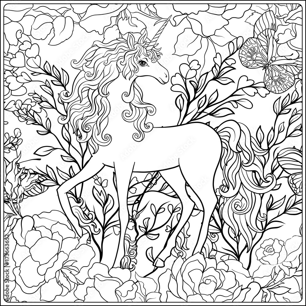 Fototapeta premium Unicorn. The composition consists of a unicorn surrounded by a bouquet of roses.