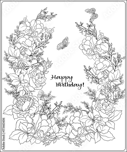 The composition of bouquet of roses and butterflies. Outline han