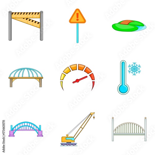 Bridge erection icons set, cartoon style