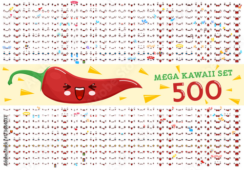 500 Mega set of cute kawaii emoticon face and chili pepper kawaii. Collection emoticon manga, cartoon style. Vector illustration. Adorable characters icons design photo