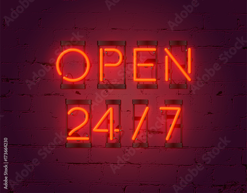 Neon Open 24/7 sign on brick wall background. Realistic glowing neon inscription. Open 24 Hours. Vector