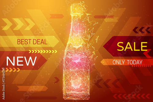 Bottle of champagne low poly in the form of a starry sky or space, consisting of points, lines, and shapes. Sale market banner. Vector wireframe concept.