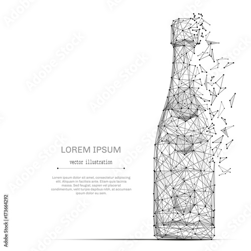 Abstract mash line and point bottle of champagne on white background with an inscription. Starry sky or space, consisting of stars and the universe. Vector luxury illustration