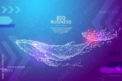 Blue whale in the form of a starry sky or space, consisting of points, lines, and shapes in the form of planets, stars and the universe. Large marine animal vector wireframe concept. Blue purple