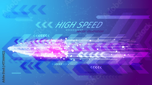 High speed concept. Bullet in the form of a starry sky or space, consisting of points, lines, and shapes in the form of planets, stars and the universe. Shotgun vector wireframe concept. Blue purple