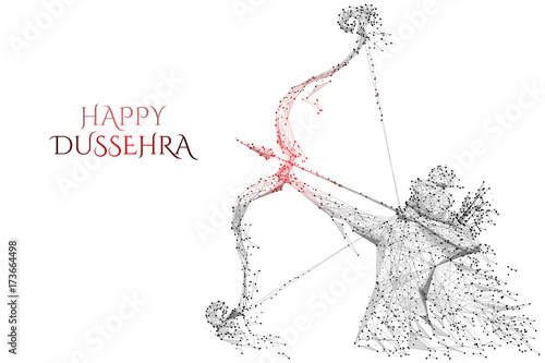 Vector illustration of Lord Rama with arrow killing Ravana in Dussehra Navratri festival. Low Poly wireframe digital art on white background. Polygon abstract mash line and point origami with triangle