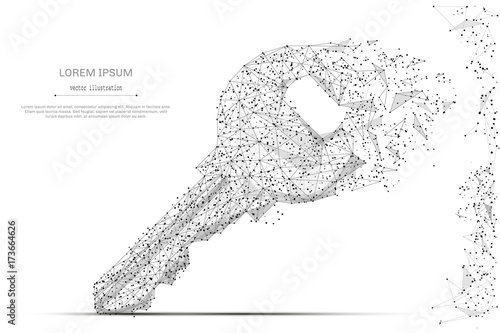 Lock key isolated low poly wireframe on white background. Data storage and protection. Vector abstract polygonal image mash line and point hands collect puzzle with an inscription. Digital graphics