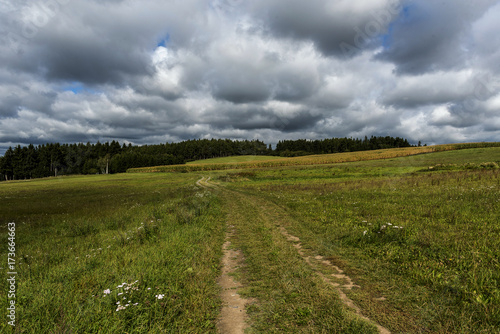 field path leading to the forest and dark clouds before the storm