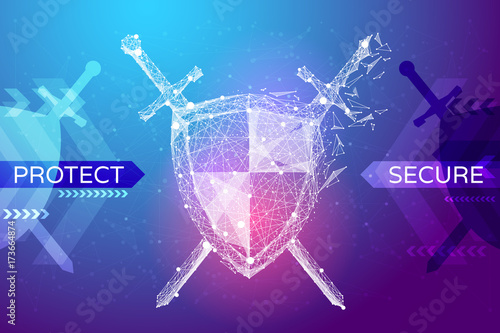 Shield and swords in the form of a starry sky or space, consisting of points, lines, and shapes in the form of planets, stars and the universe. Protect and secure vector wireframe concept. Blue purple