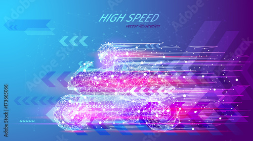High speed concept. Sport motorbike in the form of a starry sky or space, consisting of points, lines, and shapes in the form of planets, stars and the universe. Sport vector wireframe concept