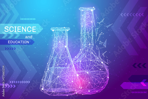 test tubes in the form of a starry sky or space, consisting of points, lines, and shapes in the form of planets, stars and the universe. Science and education vector wireframe concept. Blue purple