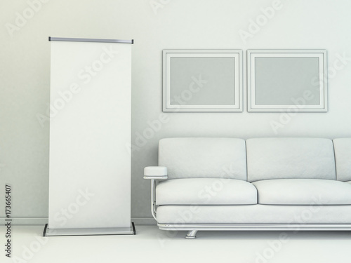 Blank roll up banner display. Template mockup. 3D rendering