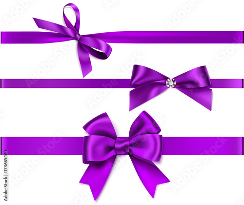 Set of decorative purple bow with horizontal purple  ribbon isolated on white