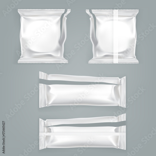 Torn plastic or foil square and rectangular food packages isolated realistic vector illustration. Opened cookies, crackers, chocolate bar pack template. White blank product mock-up for brand ad design
