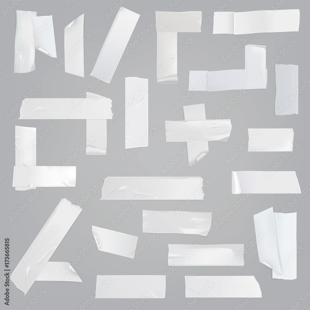 White adhesive tape various pieces with wrinkles, curved and torn edges isolated realistic vector illustrations set. Different size, glued at angles, cut off strips of sticky tape element collection White adhesive tape various pieces with wrinkles, curved and torn edges isolated realistic vector illustrations set. Different size, glued at angles, cut off strips of sticky tape element collection