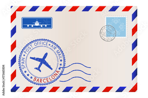 Envelope with Barcelona stamp. International mail postage with postmark and stamps