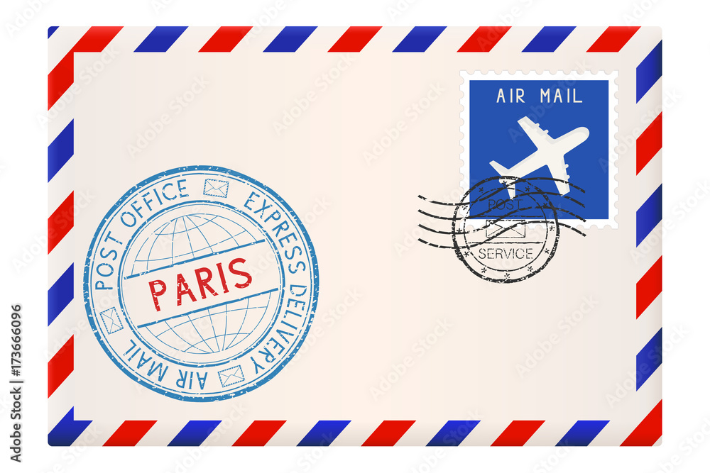 Envelope with Paris stamp. International mail postage with postmark and stamps