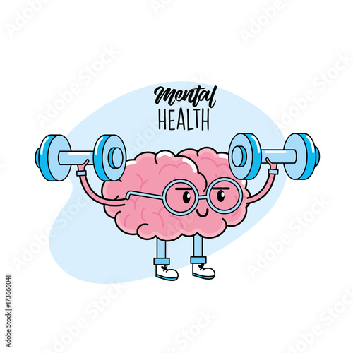 kawaii brain with glasses and dumbbells design