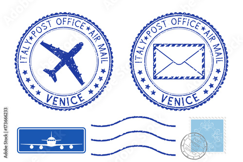 Postmarks VENICE and stamps. Blue postal elements