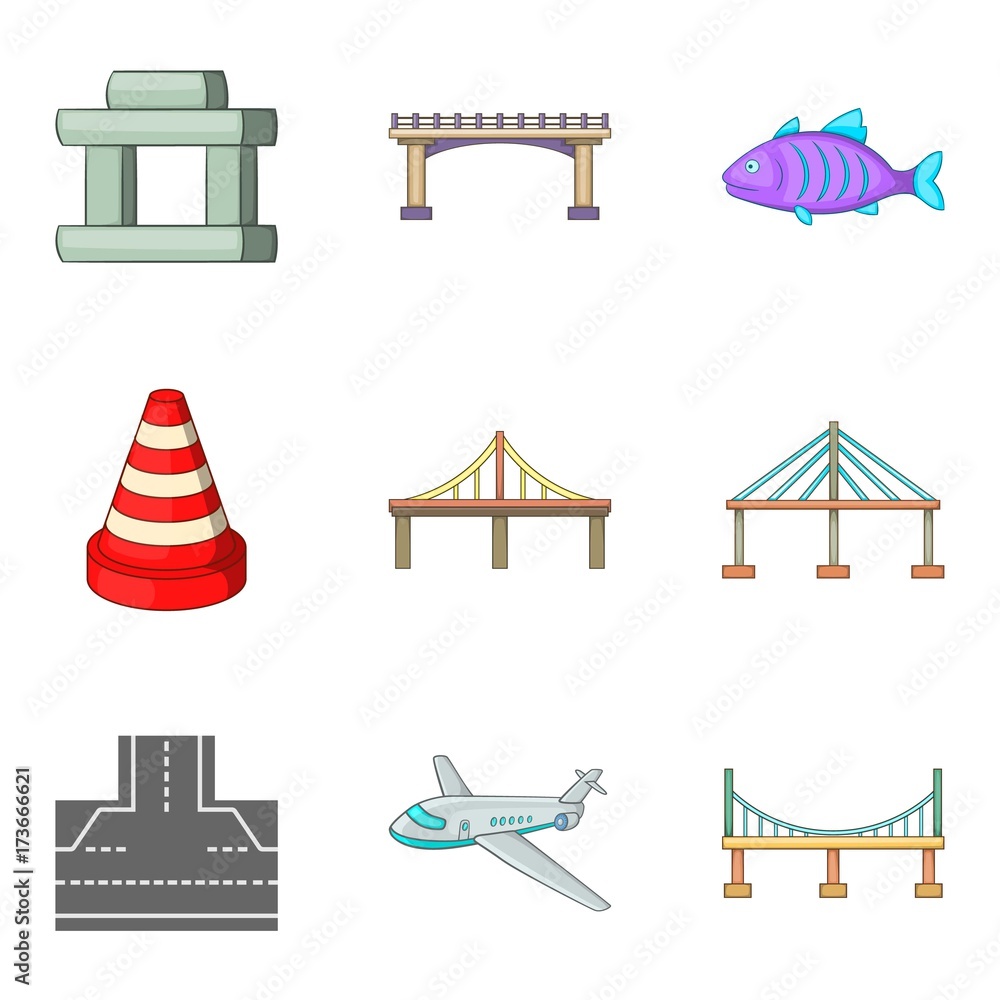 Suspended bridge icons set, cartoon style Suspended bridge icons set, cartoon style