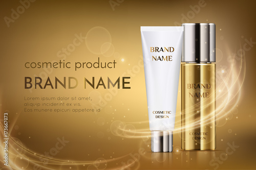 A beautiful cosmetic template for ads, golden bottle hair oil with white cosmetic tube design on a gold shiny background with bokeh and lighting flare effect