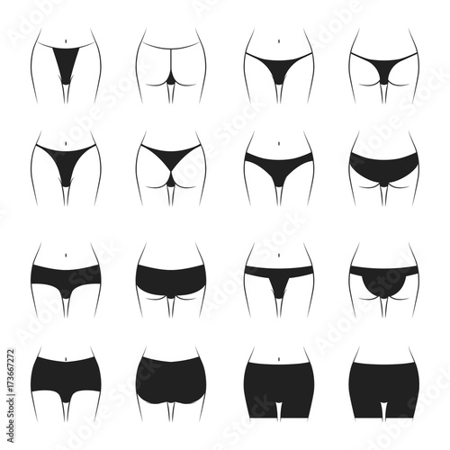 Black Silhouettes Woman Panties Thin Line Set. Vector
