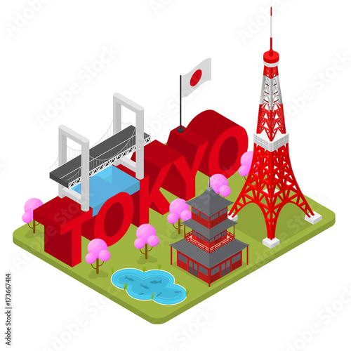Tokio City Famous Landmark of Capital Japan Isometric View. Vector