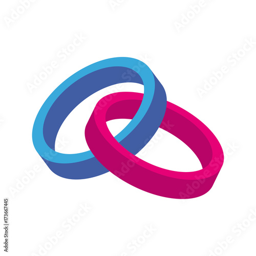 Icono plano anillos 3D azul y rosa en fondo blanco