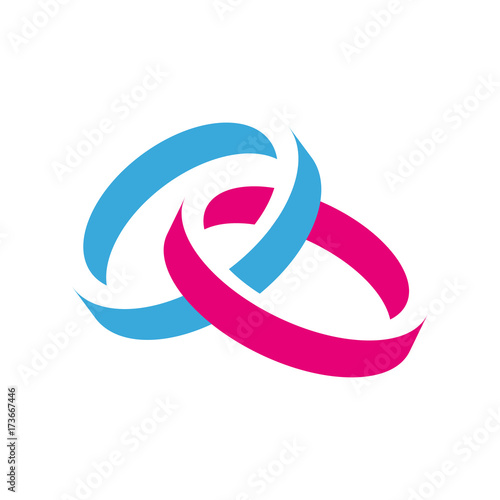 Icono plano anillos espacio negativo azul y rosa en fondo blanco