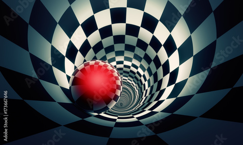 Perspective and predetermination. Red ball in a chess tunnel  concept image . The space and time. 3D illustration.