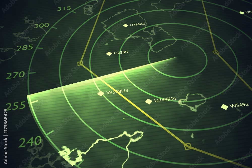 Military radar screen is scanning air traffic. 3D rendered illustration