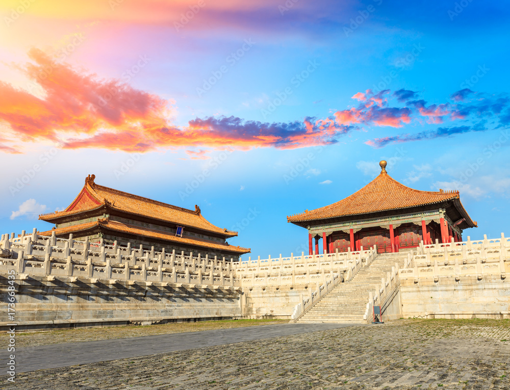Beijing forbidden city scenery at sunset,China,Chinese symbols Beijing forbidden city scenery at sunset,China,Chinese symbols