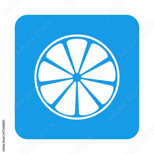 Icono plano rodaja naranja en cuadrado azul