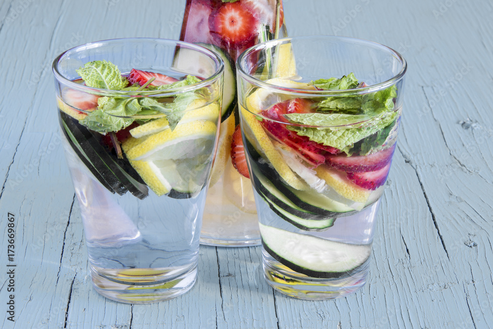 Dietary detox drink with lemon juice, strawberries and cucumber. Dietary detox drink with lemon juice, strawberries and cucumber.