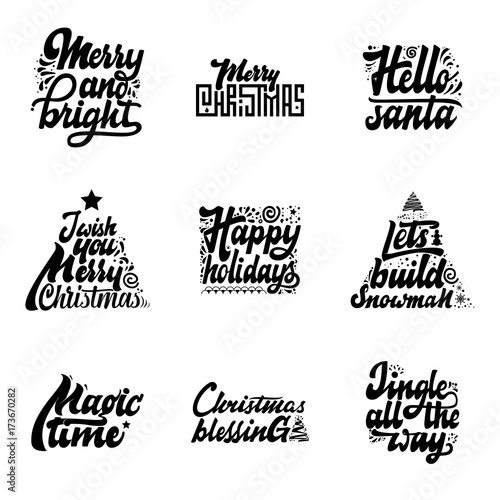 Christmas phrases. Merry and Bright, hello santa, I wish you, Happy holidays, Let's build snowman, Magic time, blessings, Jingle all the way