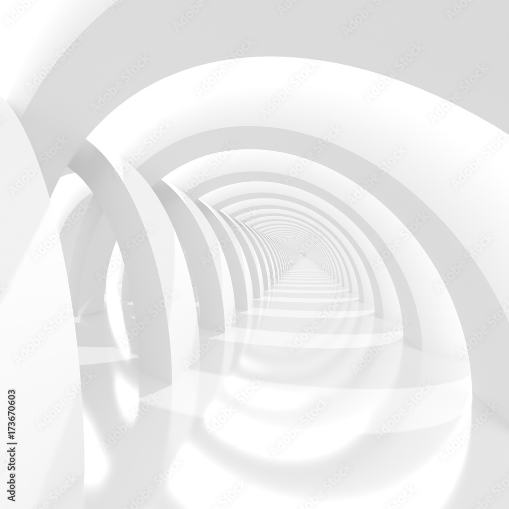 Obraz premium Futuristic white corridor with abstract columns and bright light. 3D Rendering.