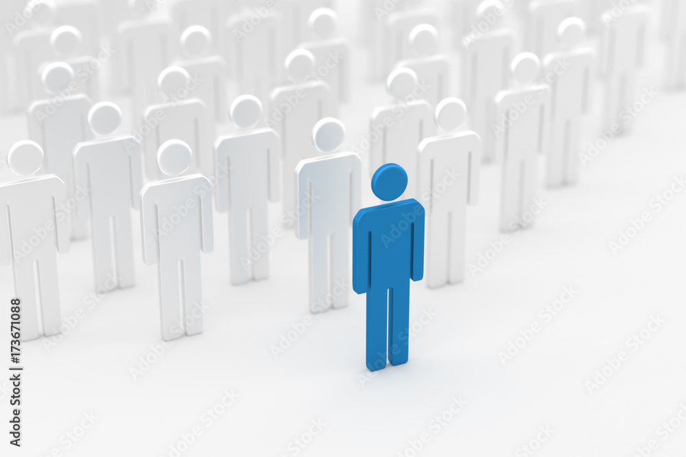 Leadership, blue leader man, standing out from the crowd of white mans. 3D Rendering. Leadership, blue leader man, standing out from the crowd of white mans. 3D Rendering.