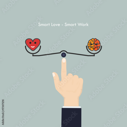 Human hand with heart sign and brain icon.Smart love and Smart work concept.Work life,business and Lifestyle balance concept.Vector illustration.