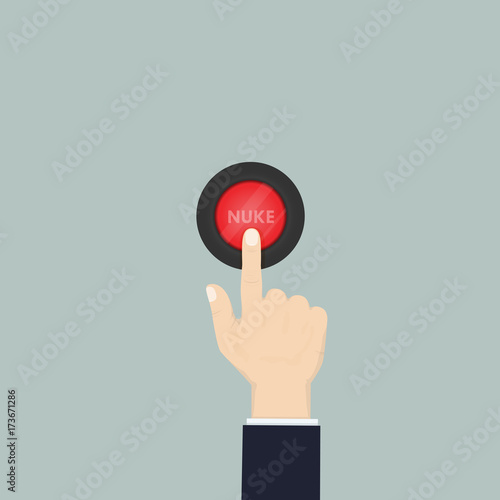 Hand pressing the red button.Human hand with Nuke button.Stop the world war III concept.Vector illustration.