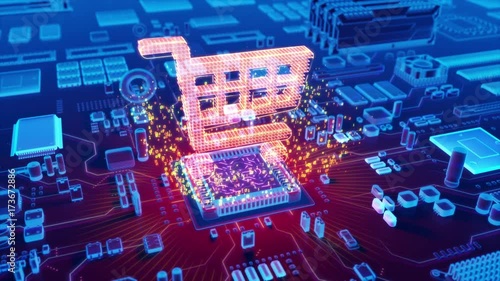 Futuristic animation of holographic shopping cart symbol emerging from microprocessor on electronic circuit board