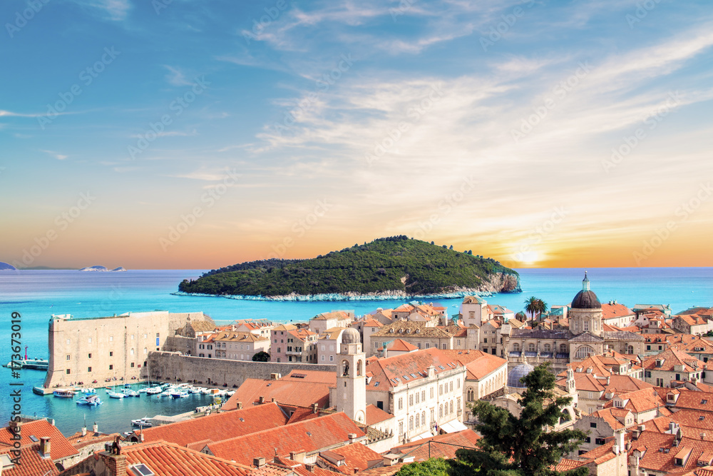 Naklejka premium Beautiful view of the island of Lokrum near the historic city of Dubrovnik, Croatia on a sunny day.