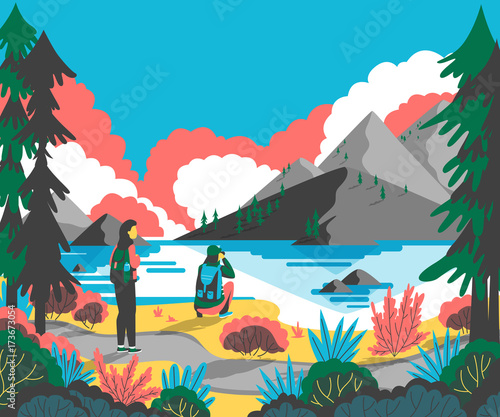 Couple backpackers hiking in mountain landscape and enjoying valley view. Vector illustration